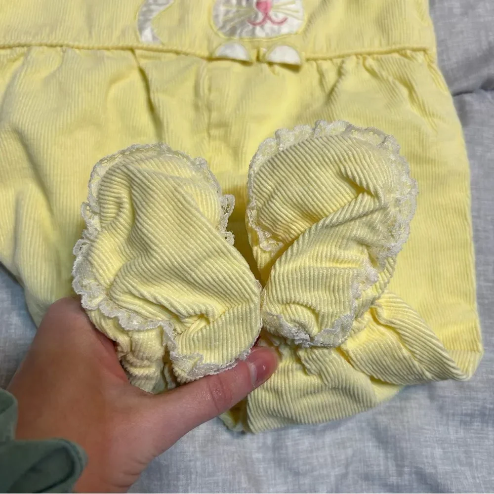 Vintage Baby Yellow Corduroy Cat Cotton One Piece Jumpsuit 0-6 Months